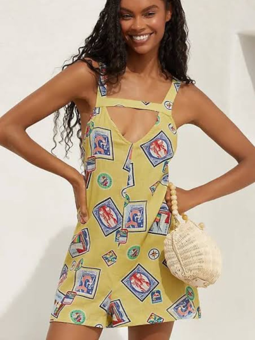 NWT Celandine Anthropologie Yellow Postcards Lobster Linen Scarf Romper Small S